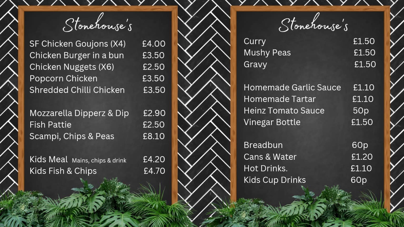 Stonehouse’s chicken, sides and sauces menu board