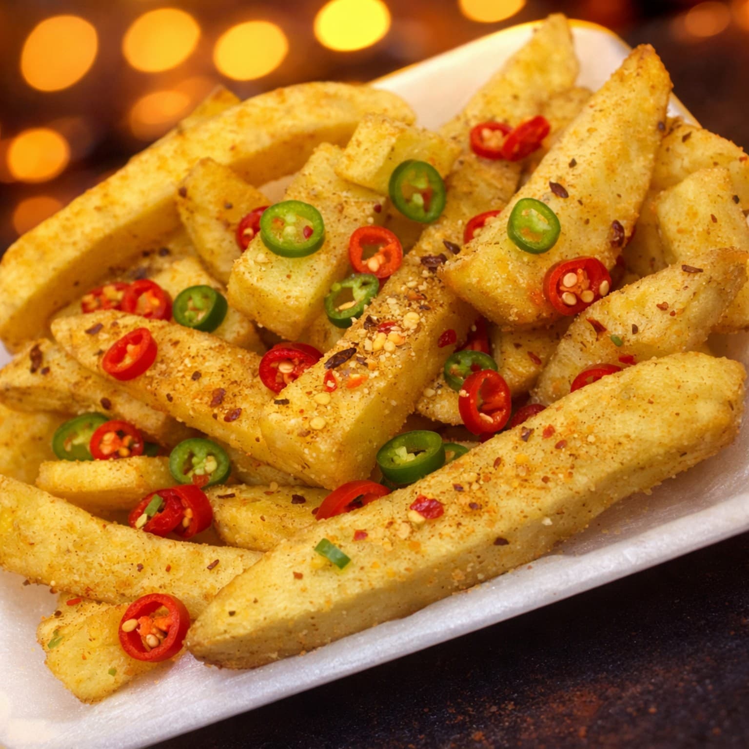 Spicy chips with sliced chilli